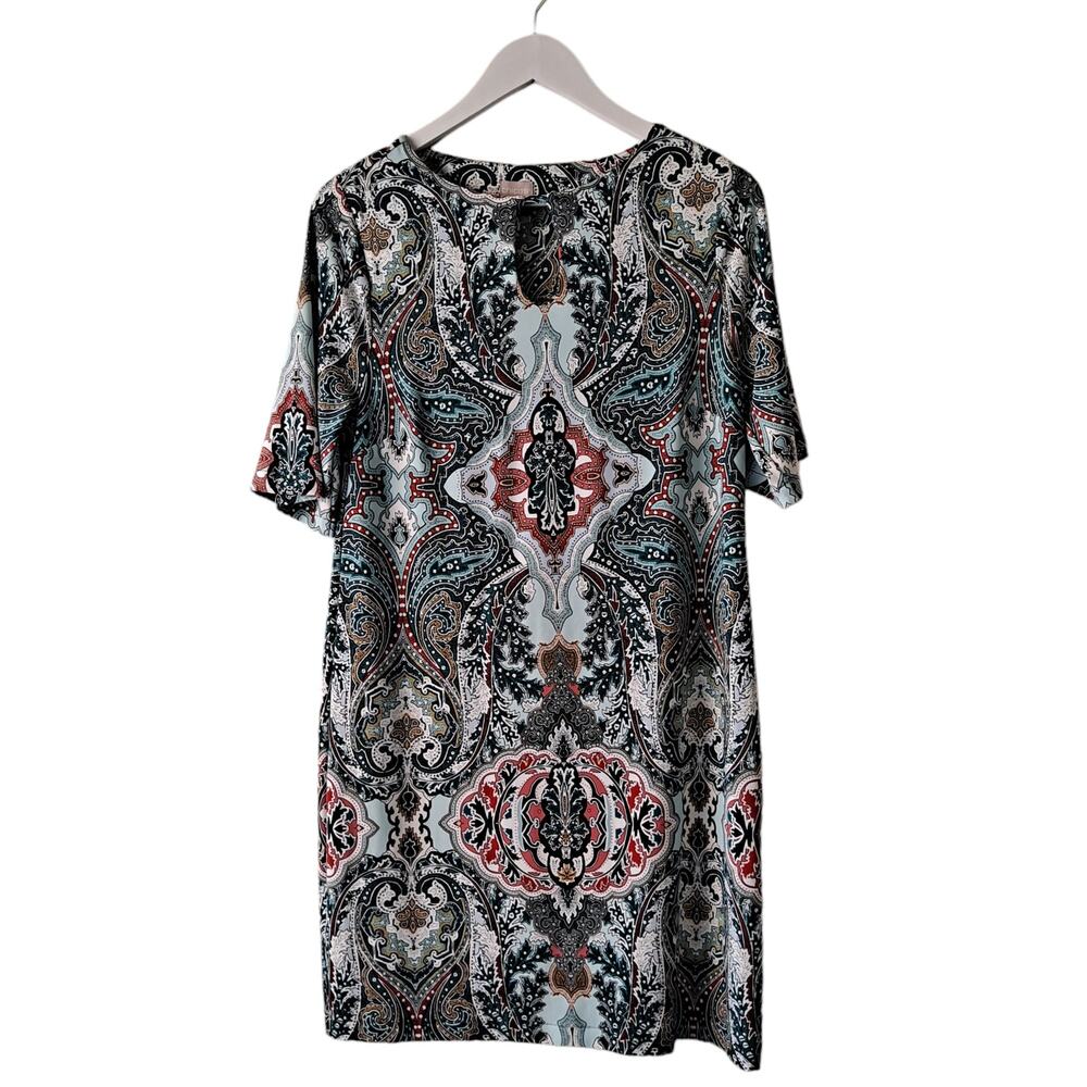 Chico's White Green Multi Keyhole Neckline Paisley Print Knit Jersey Dress -Sz 8